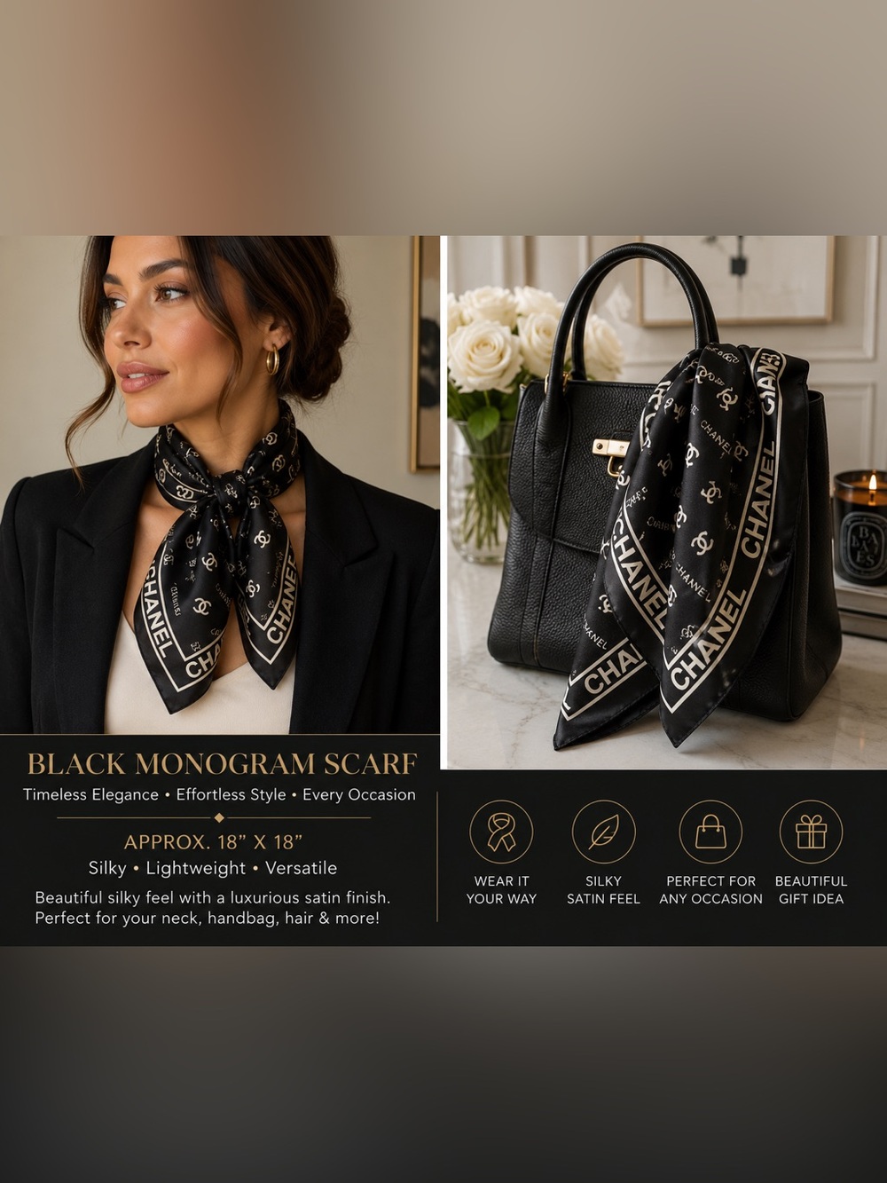 Black & Gold Designer-Inspired Monogram Scarf | 18” x 18” | Silky Satin Feel